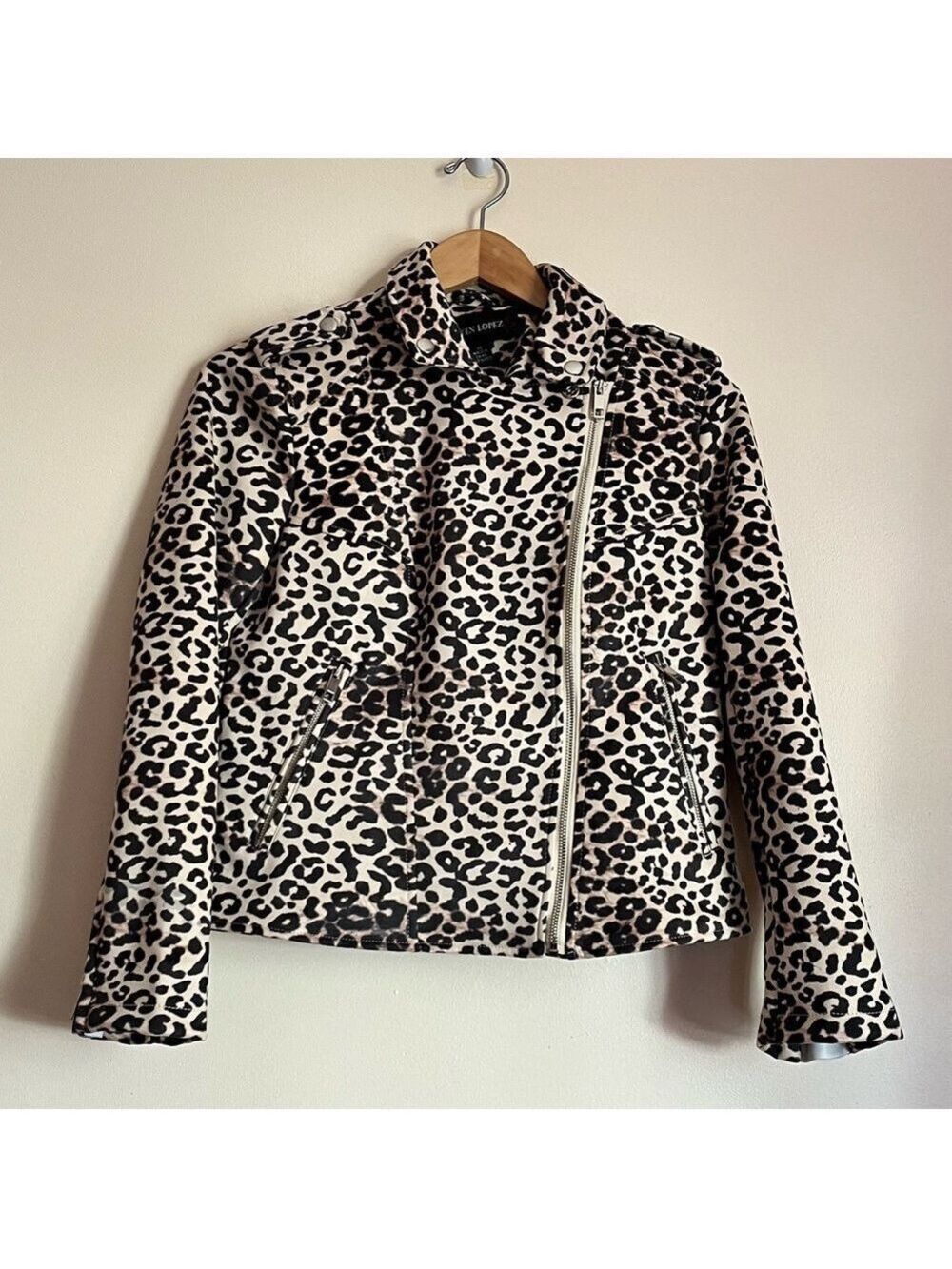 Colleen Lopez Leopard Print Moto Jacket 
 Cropped Zip Front Stretch XS
